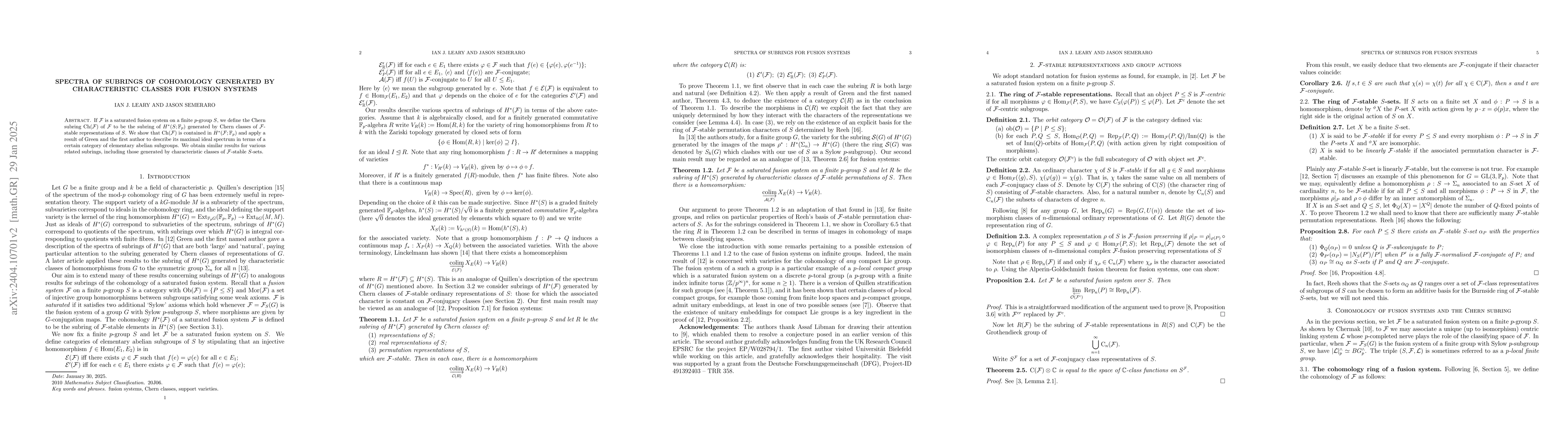 Thumbnail for Spectra of subrings of cohomology generated by characteristic classes
  for fusion systems