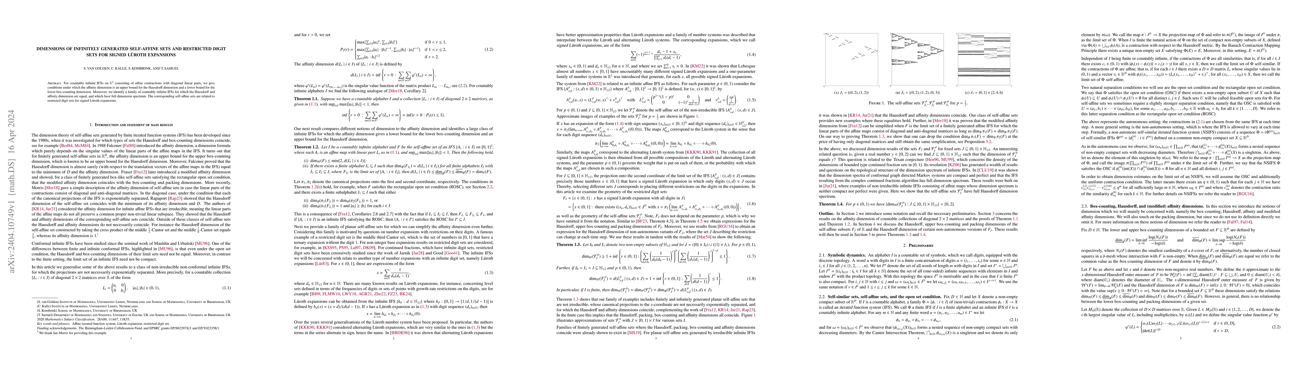 Thumbnail for Dimensions of infinitely generated self-affine sets and restricted digit
  sets for signed L\"uroth expansions