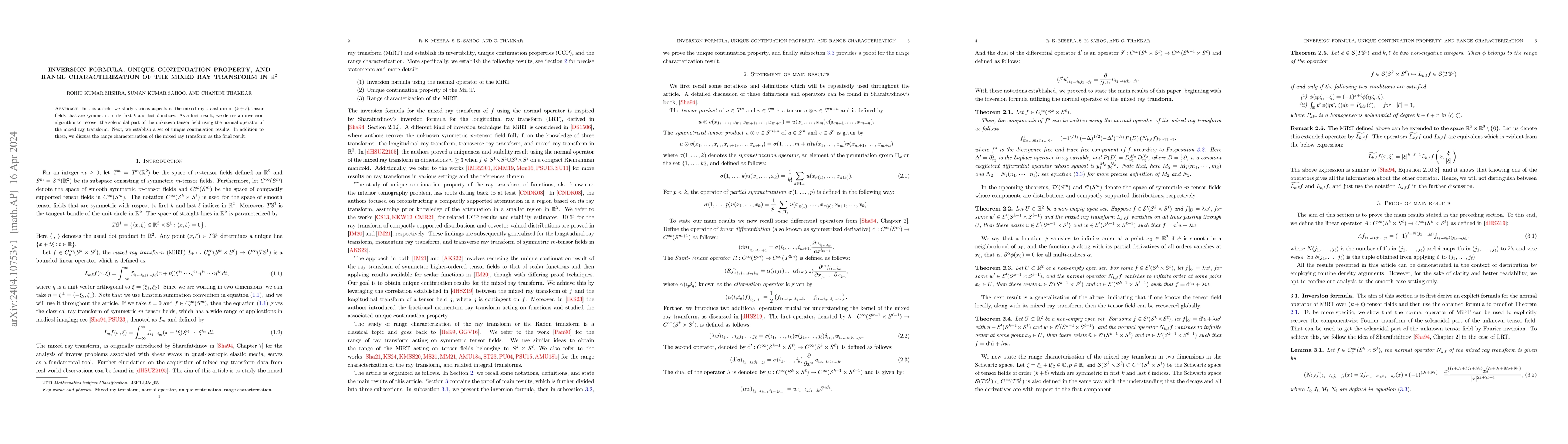 Thumbnail for Inversion formula, Unique continuation property, and range
  characterization of the mixed ray transform in $\mathbb{R}^2$