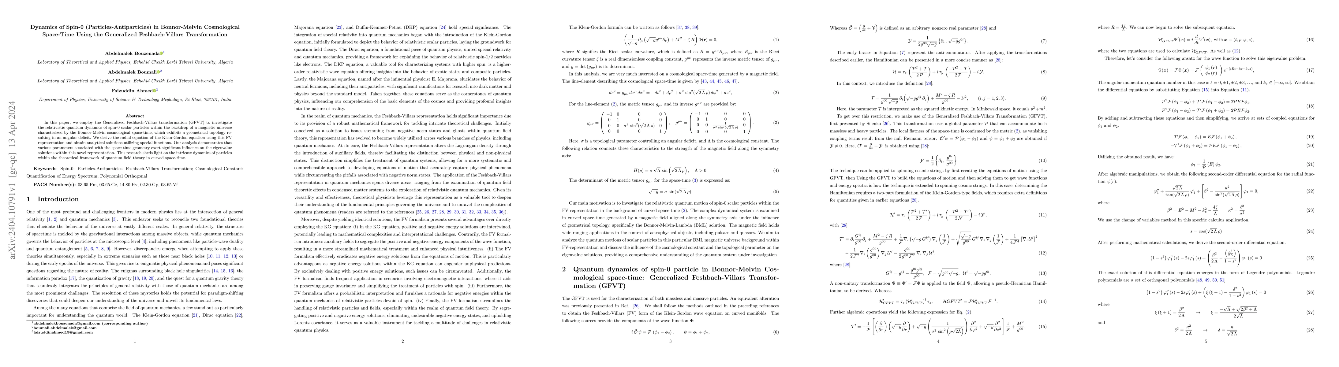 Thumbnail for Dynamics of Spin-0 (Particles-Antiparticles) in Bonnor-Melvin
  Cosmological Space-Time Using the Generalized Feshbach-Villars Transformation