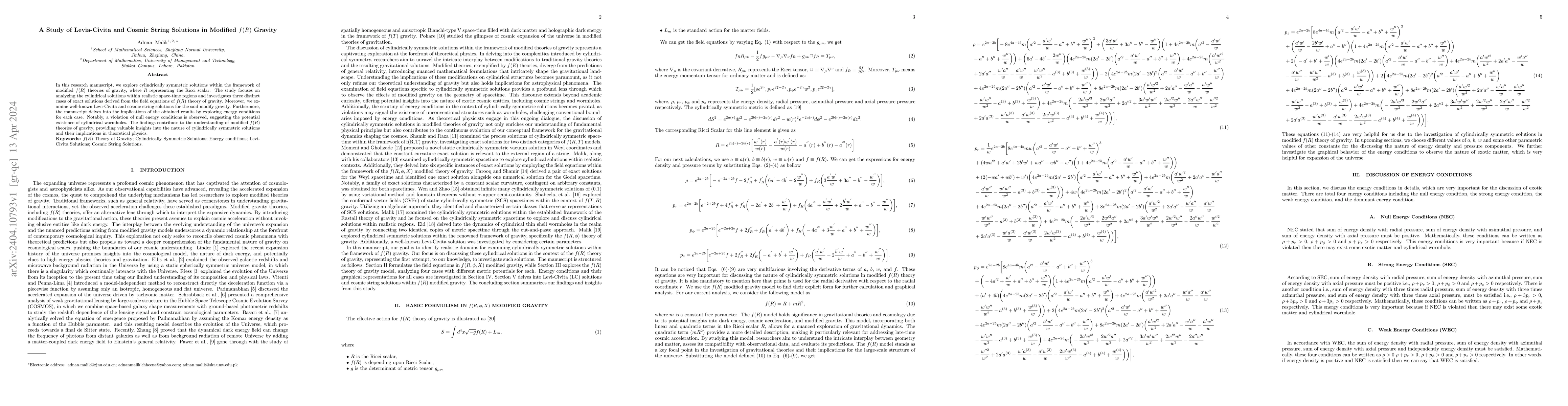 Thumbnail for A Study of Levia-Civita and Cosmic String Solutions in Modified $f(R)$
  Gravity