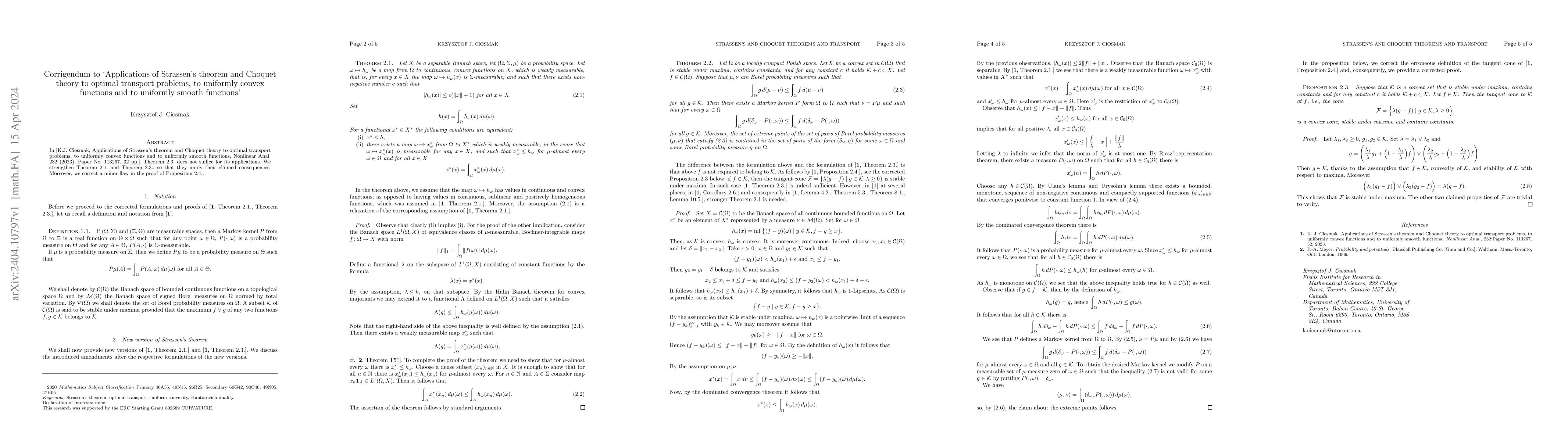Thumbnail for Corrigendum to "Applications of Strassen's theorem and Choquet theory to
  optimal transport problems, to uniformly convex functions and to uniformly
  smooth functions"