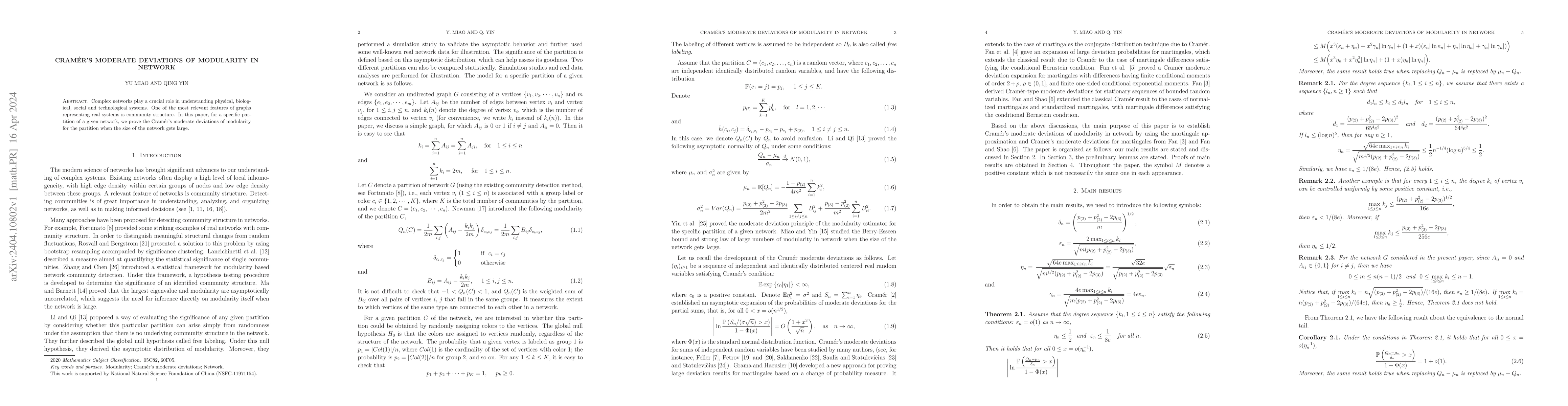 Thumbnail for Cramer's moderate deviations of modularity in network