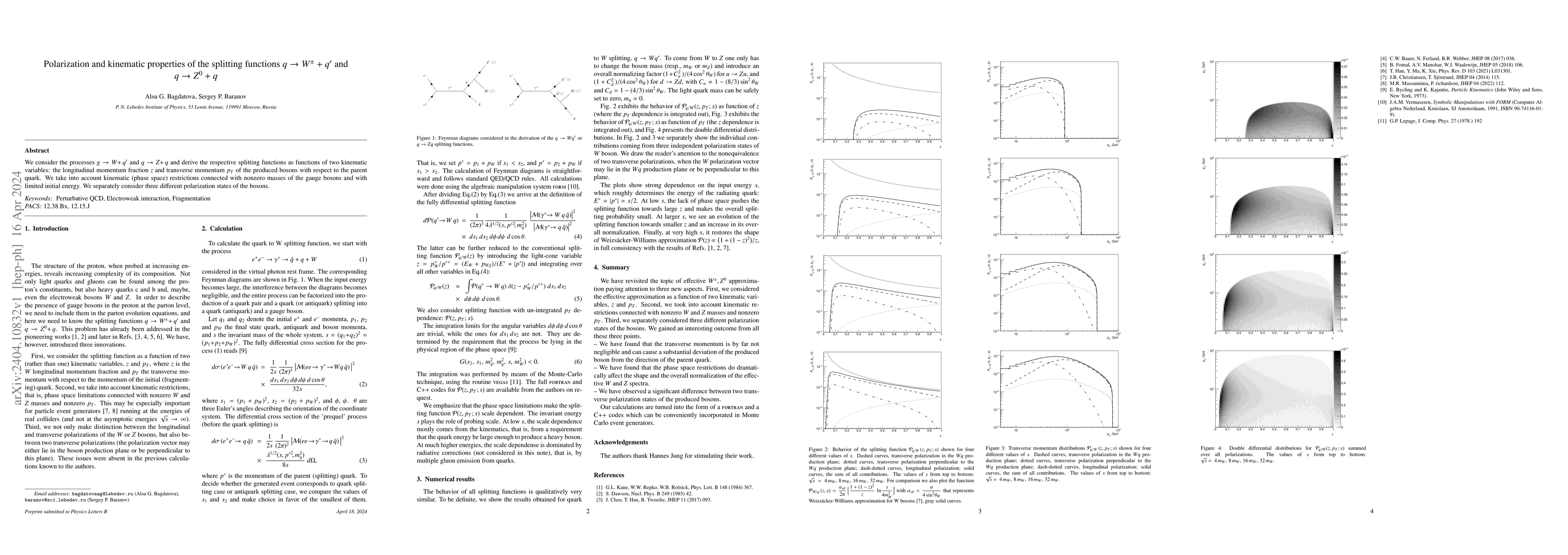 Thumbnail for Polarization and kinematic properties of the splitting functions $q\to
  W^\pm +q'$ and $q\to Z^0 +q$