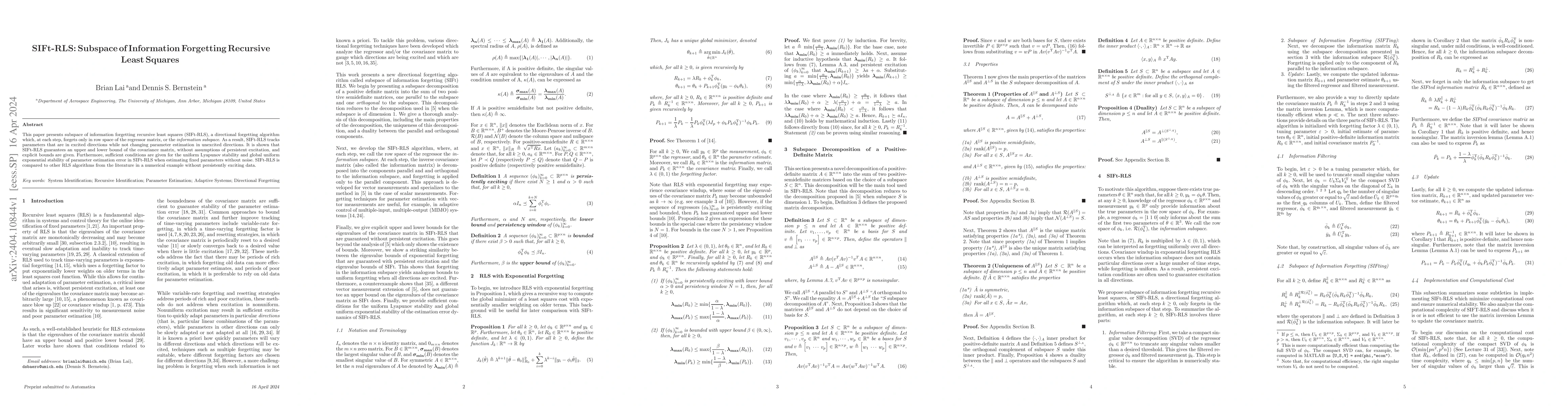Thumbnail for SIFt-RLS: Subspace of Information Forgetting Recursive Least Squares