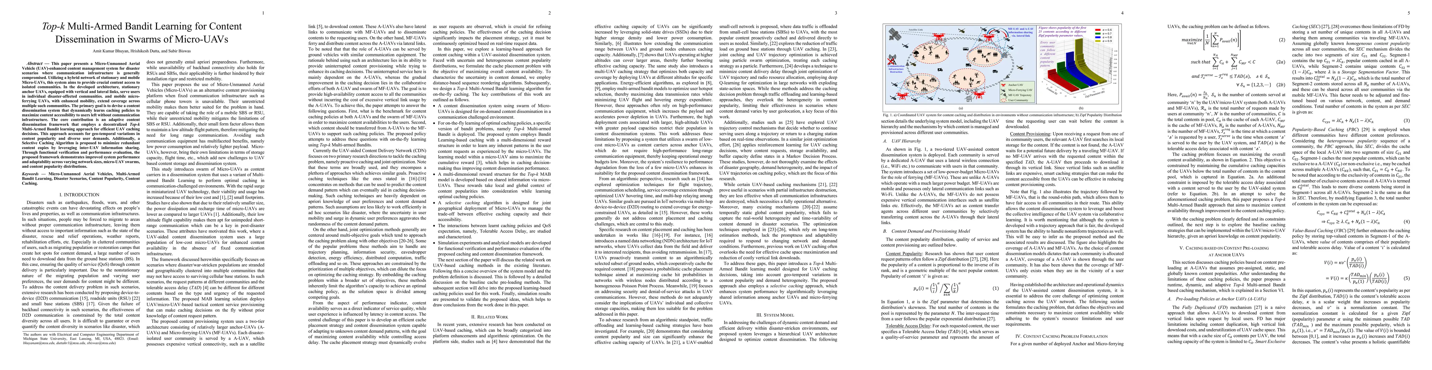 Thumbnail for Top-k Multi-Armed Bandit Learning for Content Dissemination in Swarms of
  Micro-UAVs