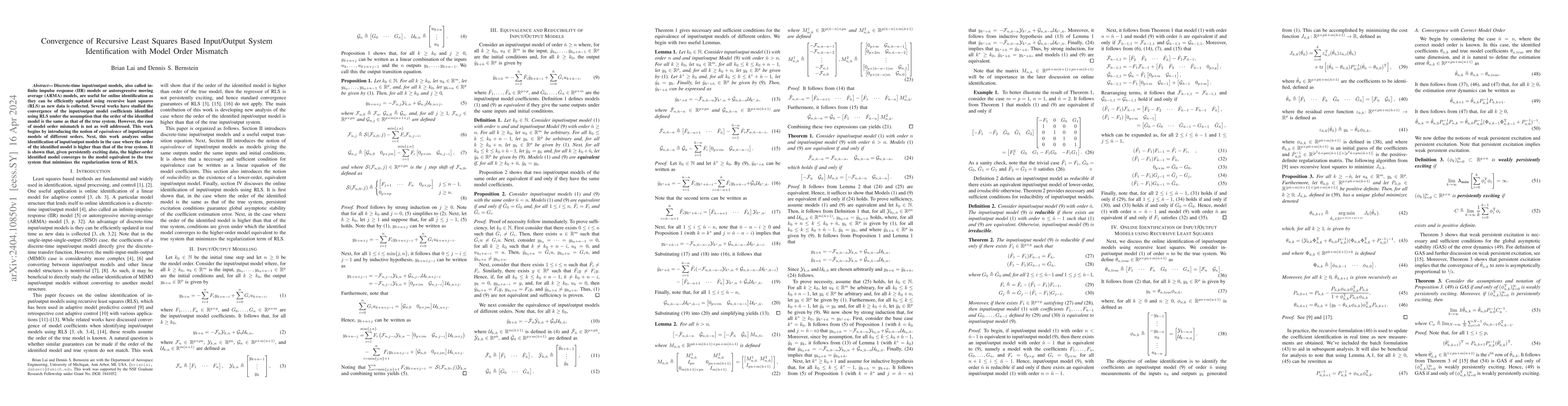 Thumbnail for Convergence of Recursive Least Squares Based Input/Output System
  Identification with Model Order Mismatch