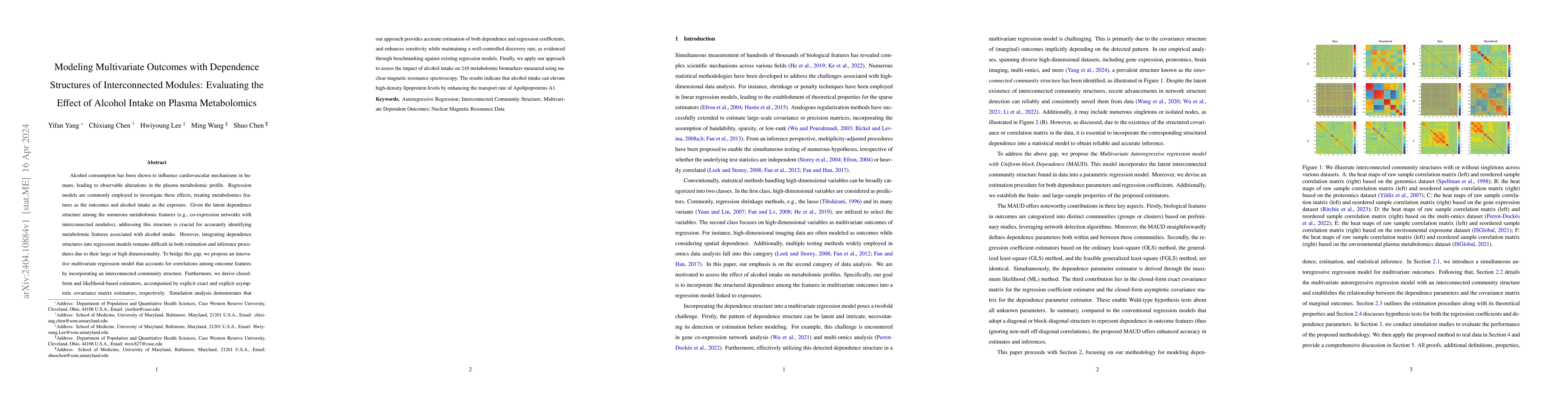 Thumbnail for Modeling Interconnected Modules in Multivariate Outcomes: Evaluating the
  Impact of Alcohol Intake on Plasma Metabolomics