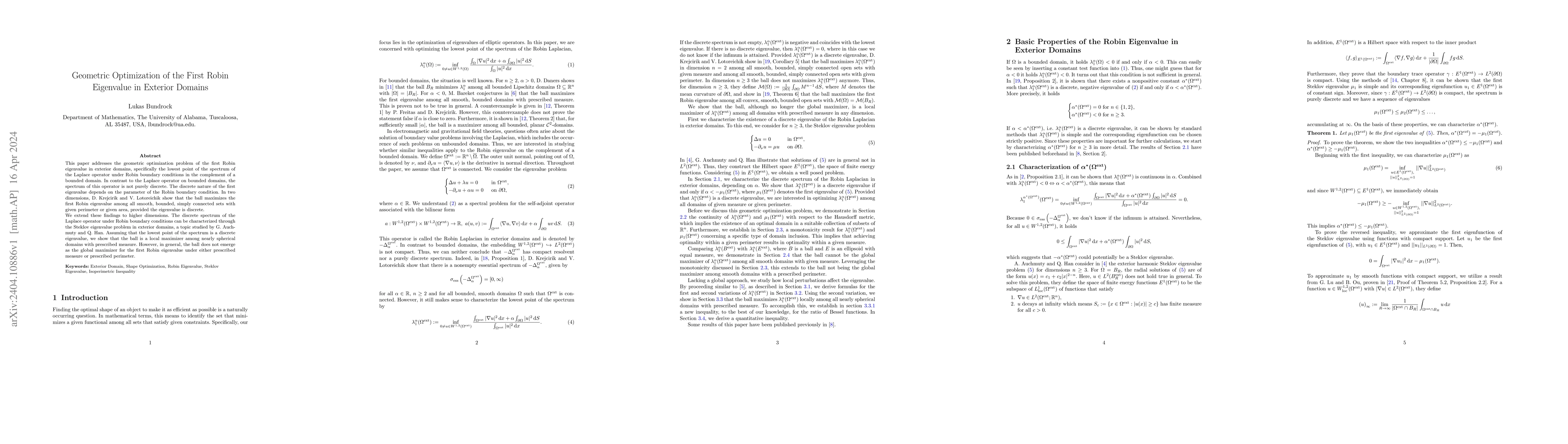 Thumbnail for Geometric Optimization of the First Robin Eigenvalue in Exterior Domains