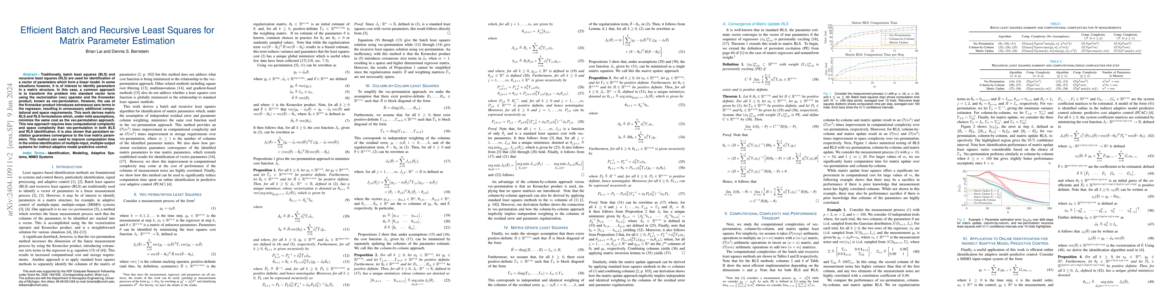Thumbnail for Efficient Batch and Recursive Least Squares for Matrix Parameter
  Estimation