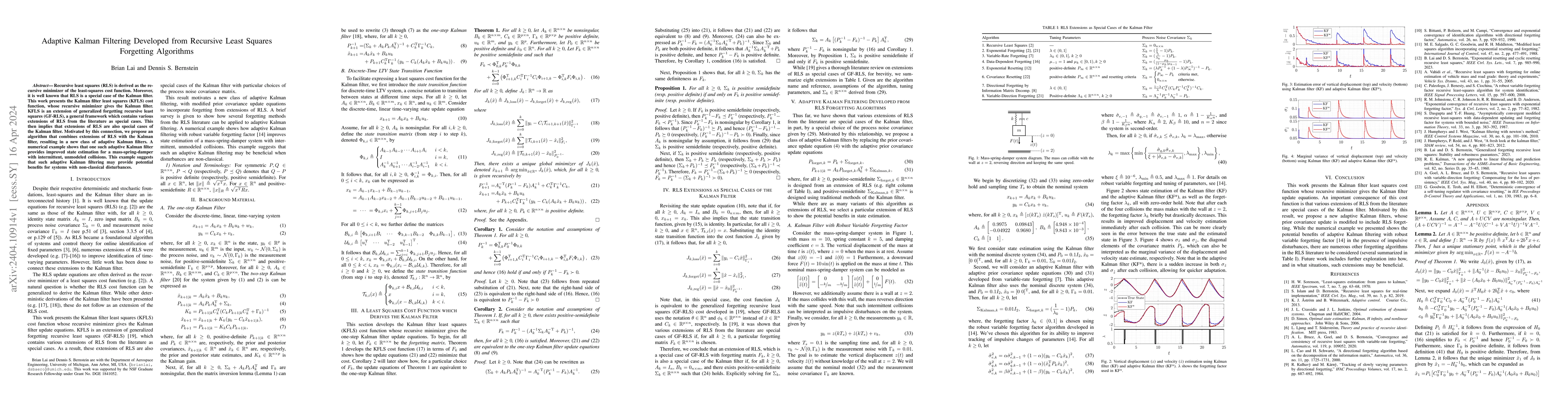 Thumbnail for Adaptive Kalman Filtering Developed from Recursive Least Squares
  Forgetting Algorithms