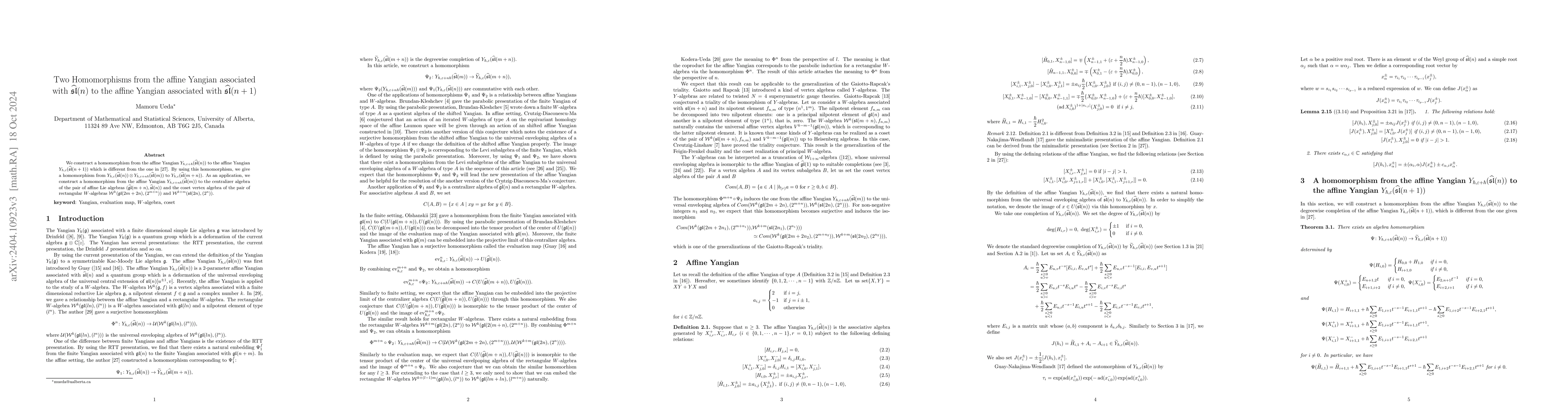 Thumbnail for Two Homomorphisms from the affine Yangian associated with
  $\widehat{\mathfrak{sl}}(n)$ to the affine Yangian associated with
  $\widehat{\mathfrak{sl}}(n+1)$