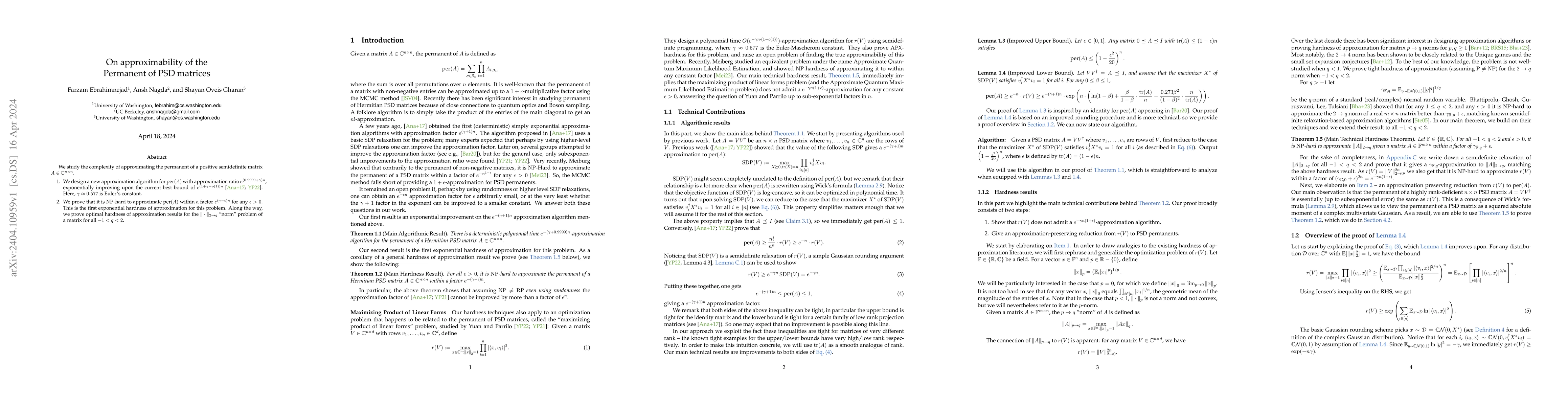 Thumbnail for On approximability of the Permanent of PSD matrices