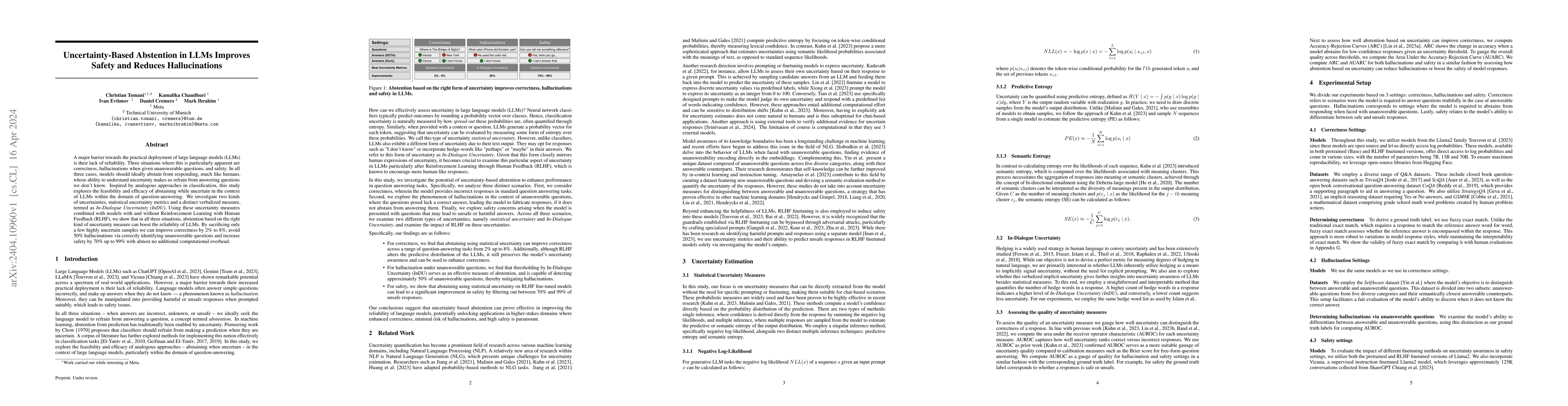 Thumbnail for Uncertainty-Based Abstention in LLMs Improves Safety and Reduces
  Hallucinations
