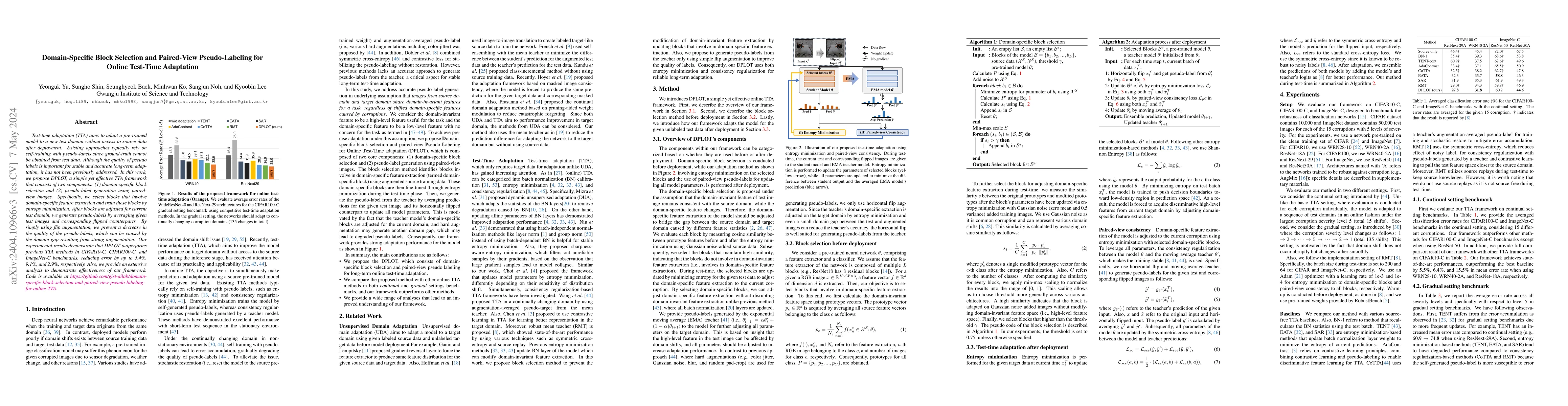 Thumbnail for Domain-Specific Block Selection and Paired-View Pseudo-Labeling for
  Online Test-Time Adaptation