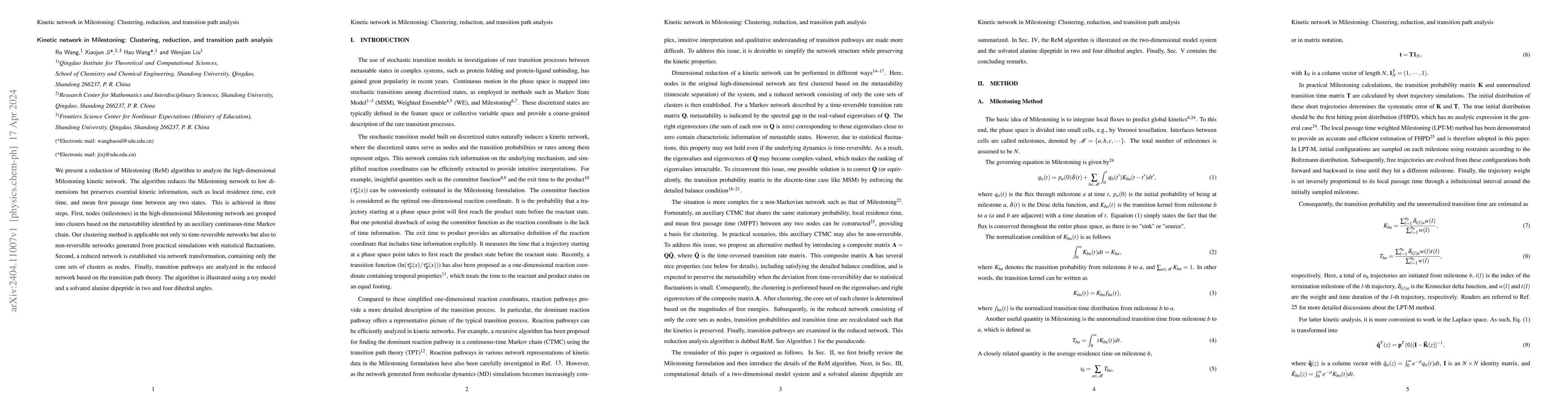Thumbnail for Kinetic network in Milestoning: Clustering, reduction, and transition
  path analysis