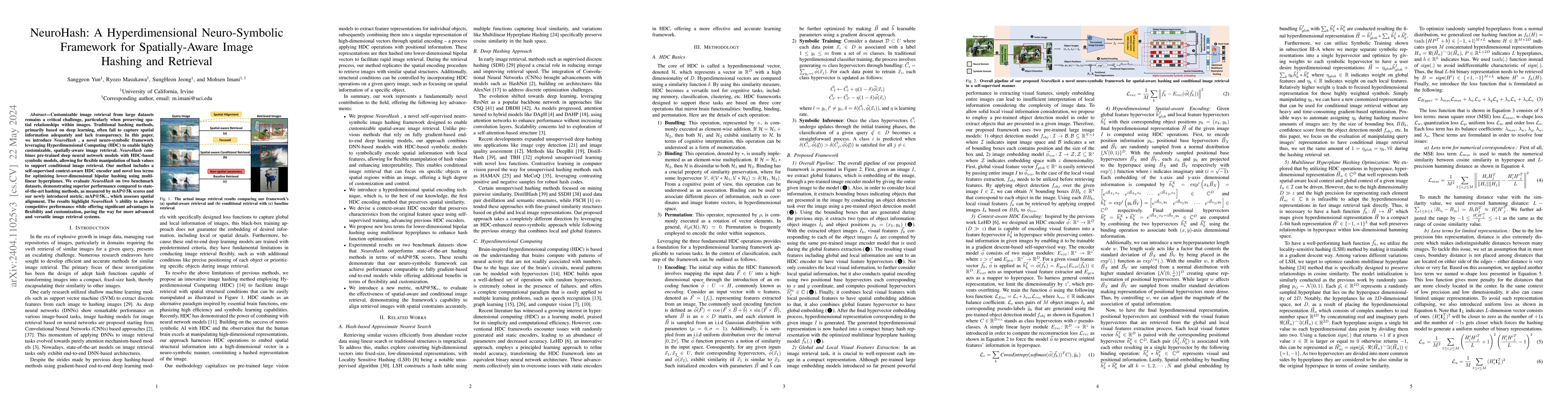 Thumbnail for NeuroHash: A Hyperdimensional Neuro-Symbolic Framework for
  Spatially-Aware Image Hashing and Retrieval