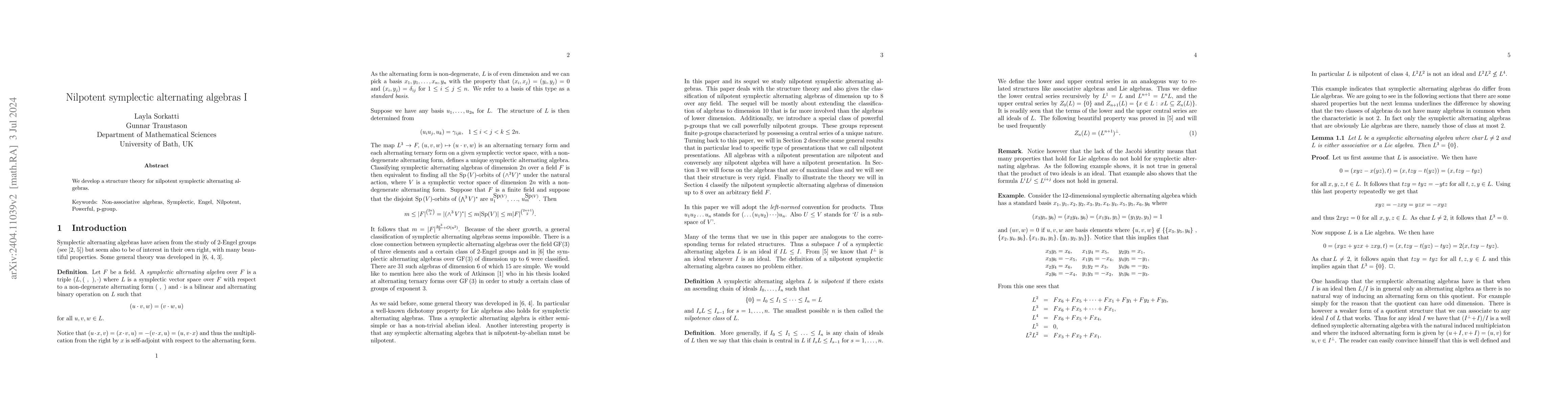 Thumbnail for Nilpotent symplectic alternating algebras I