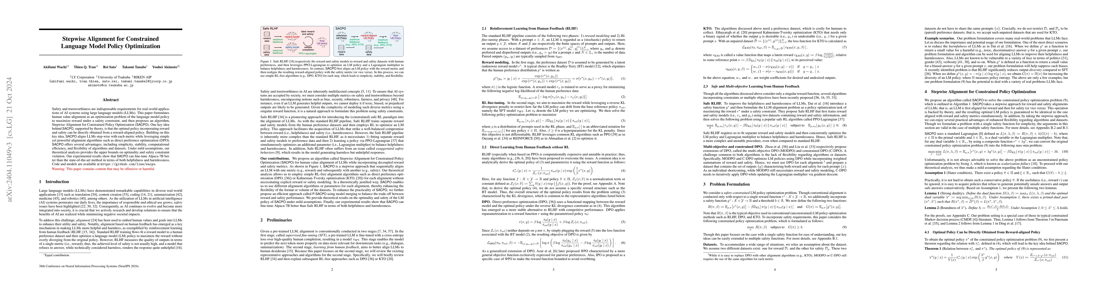 Thumbnail for Stepwise Alignment for Constrained Language Model Policy Optimization