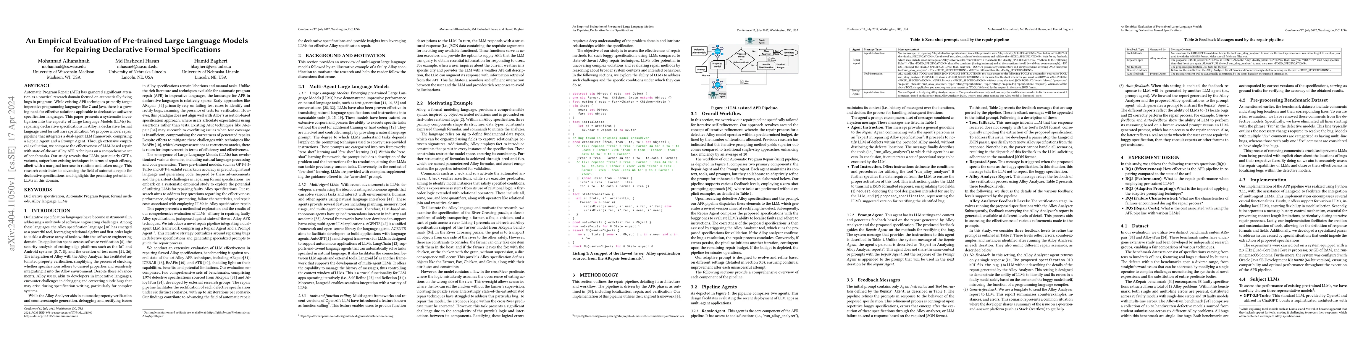 Thumbnail for An Empirical Evaluation of Pre-trained Large Language Models for
  Repairing Declarative Formal Specifications