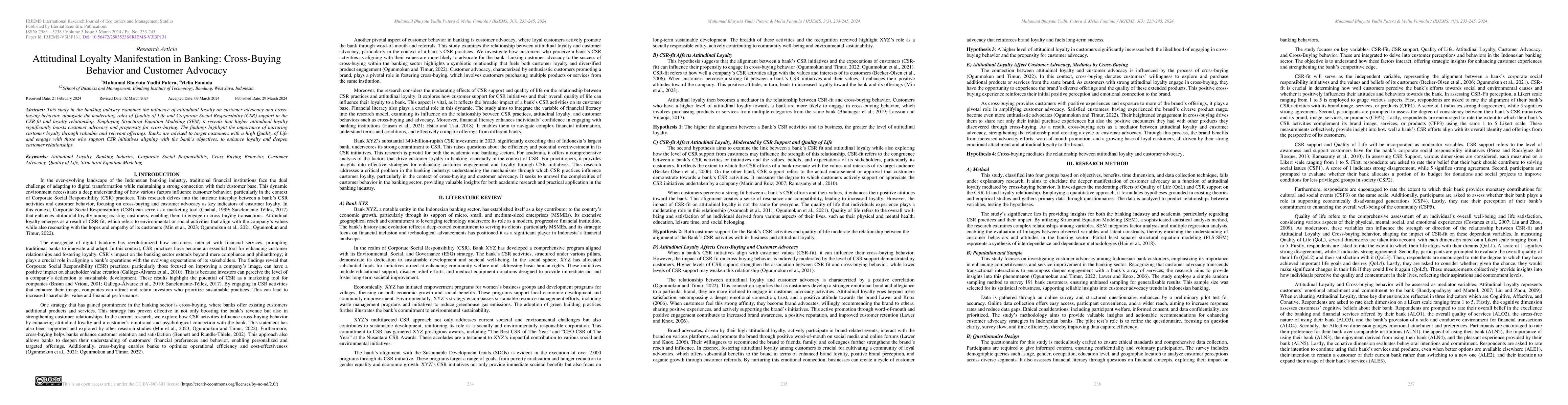 Thumbnail for Attitudinal Loyalty Manifestation in Banking CSR: Cross-Buying Behavior
  and Customer Advocacy