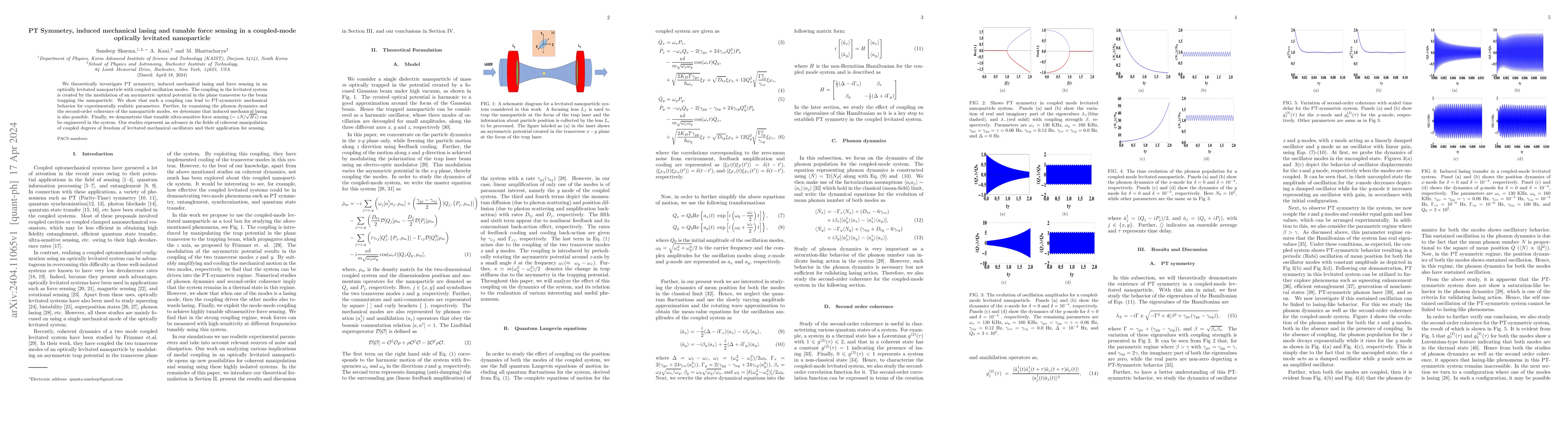 Thumbnail for PT Symmetry, induced mechanical lasing and tunable force sensing in a
  coupled-mode optically levitated nanoparticle