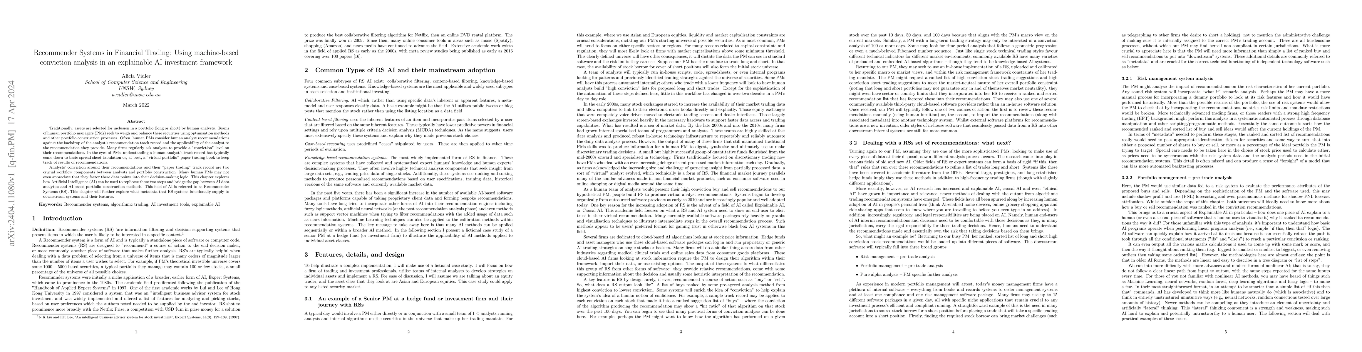 Thumbnail for Recommender Systems in Financial Trading: Using machine-based conviction
  analysis in an explainable AI investment framework