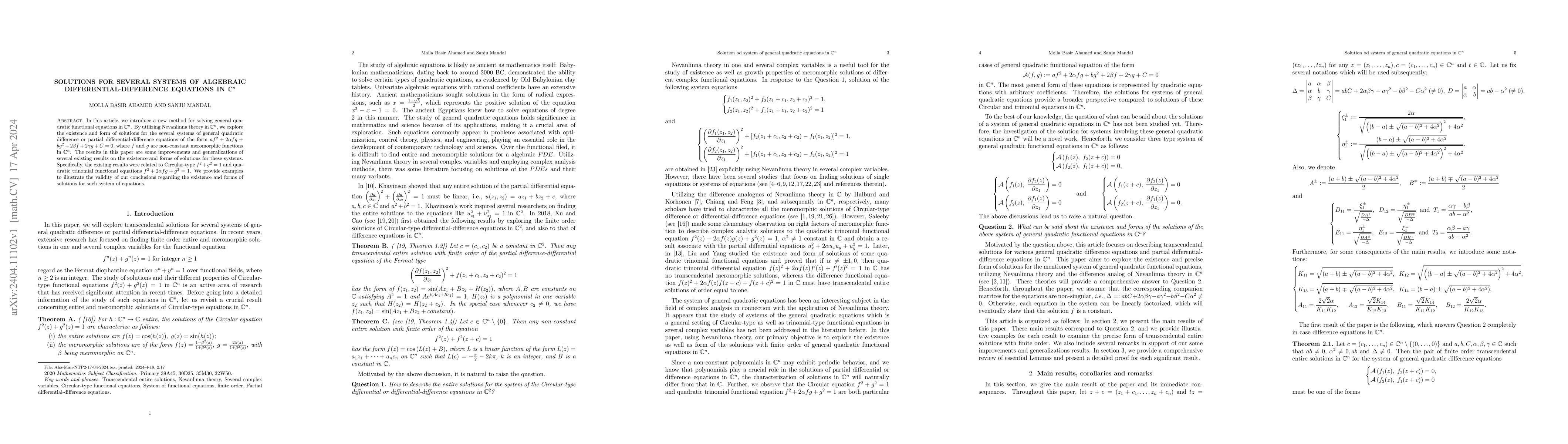Thumbnail for Solutions for several systems of algebraic differential-difference
  equations in $\mathbb{C}^n$