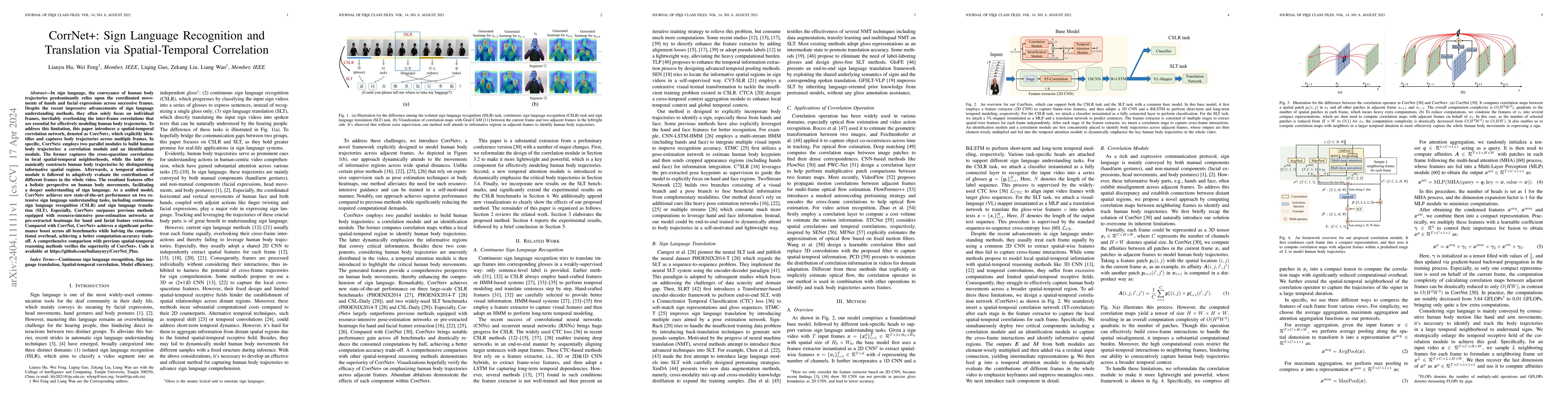 Thumbnail for CorrNet+: Sign Language Recognition and Translation via Spatial-Temporal
  Correlation