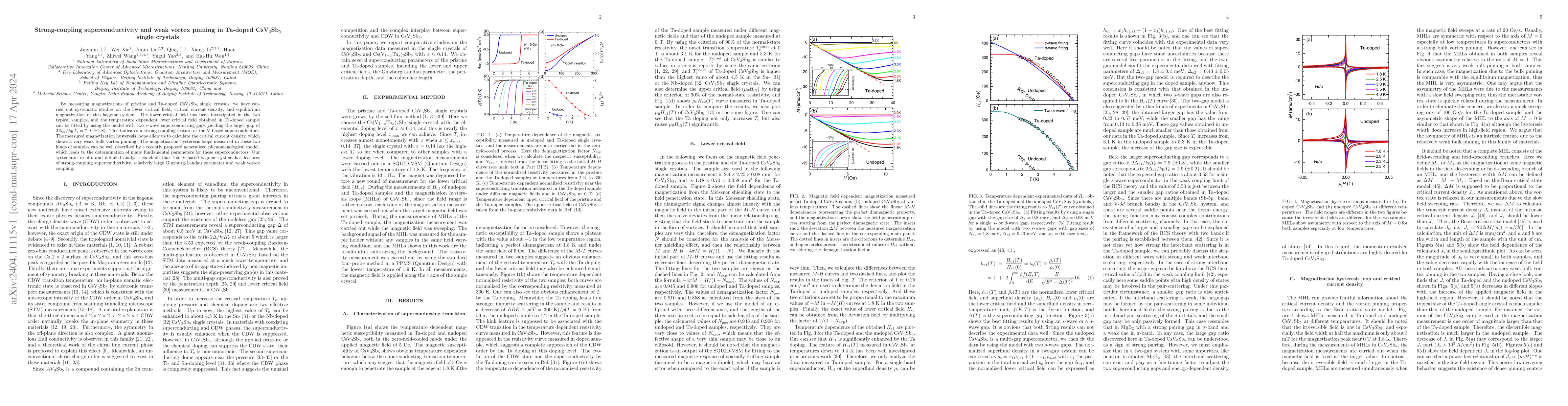 Thumbnail for Strong-coupling superconductivity and weak vortex pinning in Ta-doped
  CsV$_{3}$Sb$_{5}$ single crystals