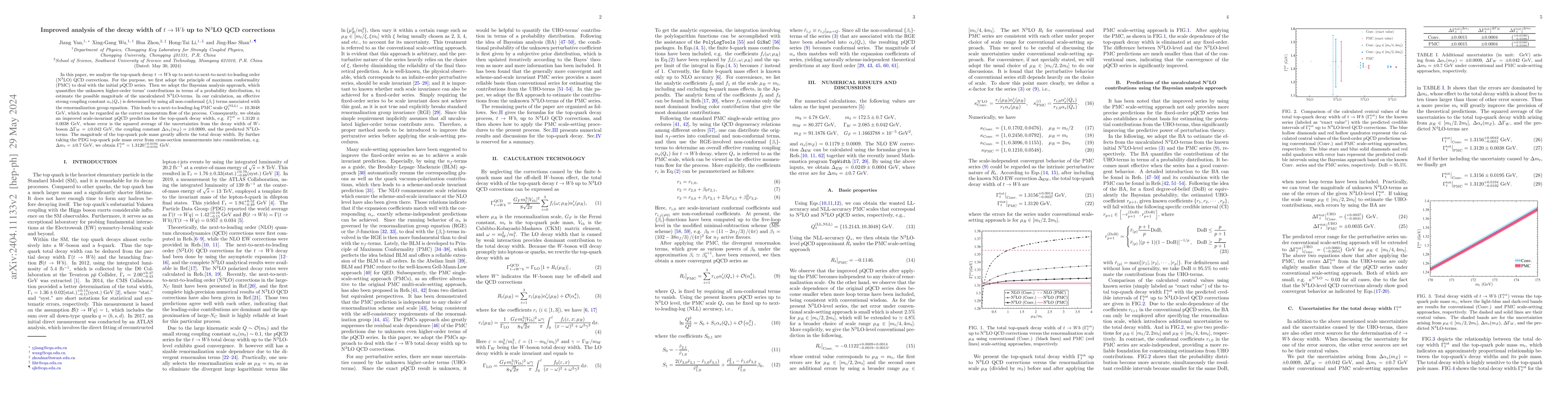Thumbnail for Improved analysis of the decay width of $t\to Wb$ up to N$^{3}$LO QCD
  corrections