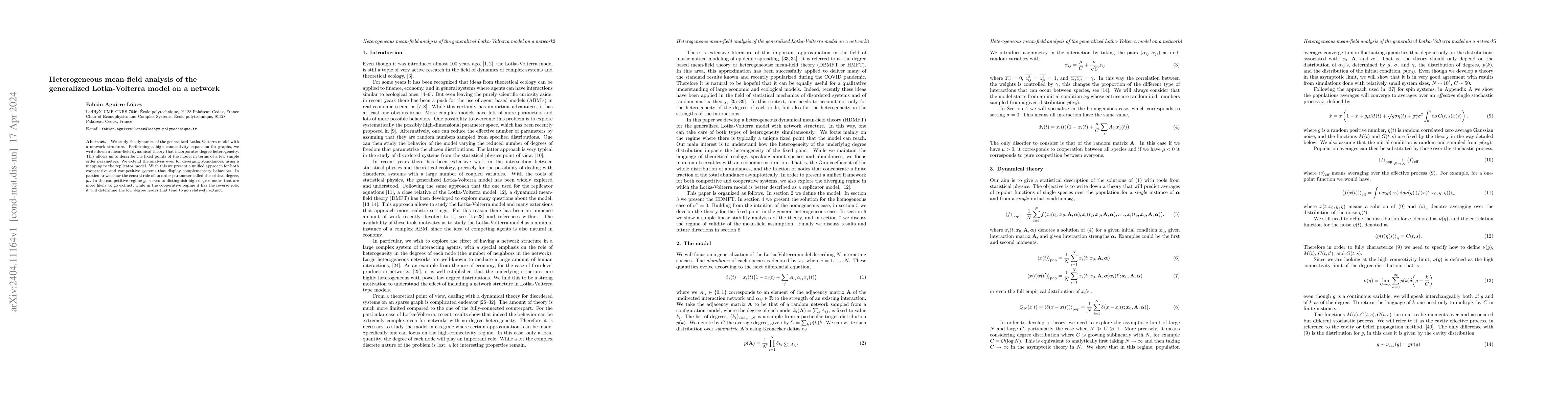 Thumbnail for Heterogeneous mean-field analysis of the generalized Lotka-Volterra
  model on a network