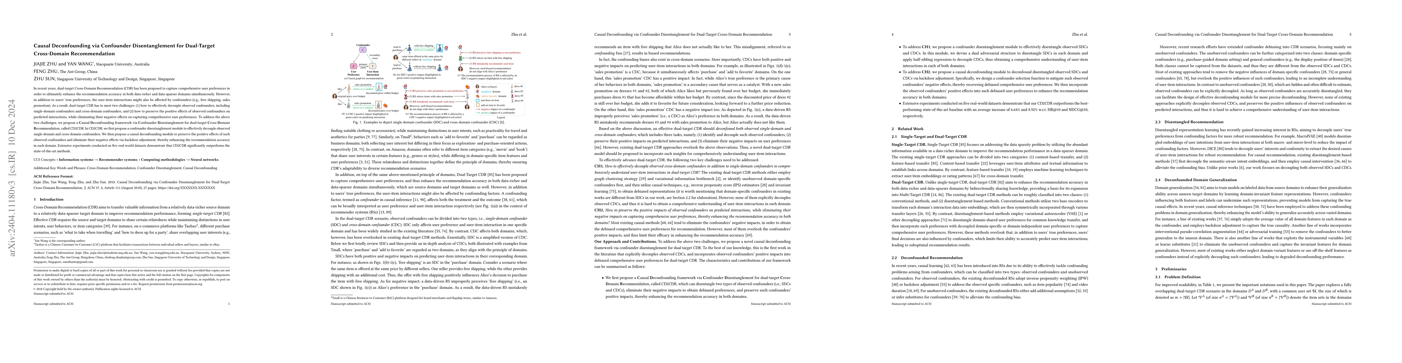 Thumbnail for Causal Deconfounding via Confounder Disentanglement for Dual-Target
  Cross-Domain Recommendation