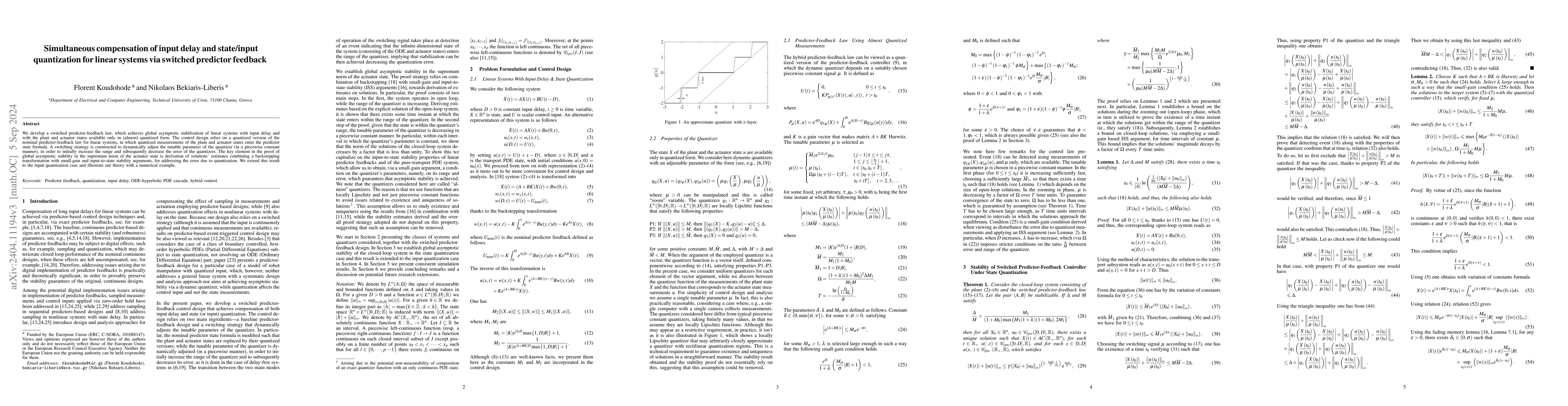 Thumbnail for Simultaneous compensation of input delay and state/input quantization
  for linear systems via switched predictor feedback