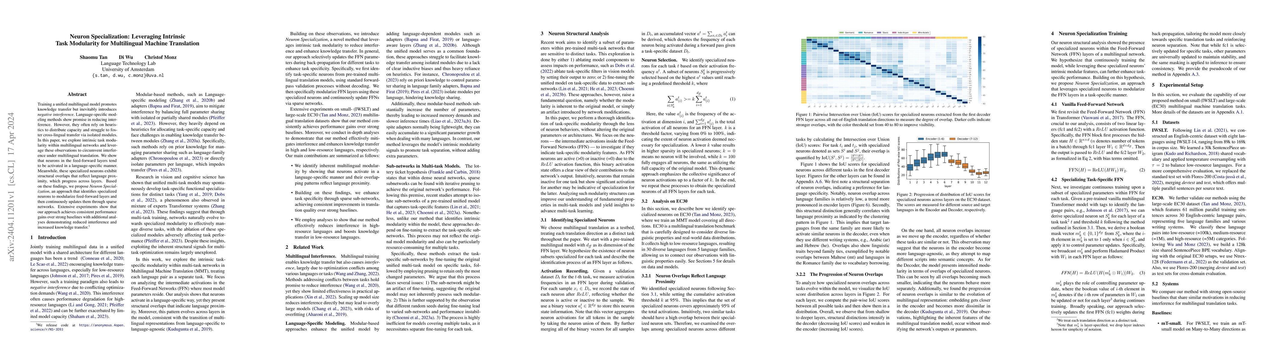 Thumbnail for Neuron Specialization: Leveraging intrinsic task modularity for
  multilingual machine translation