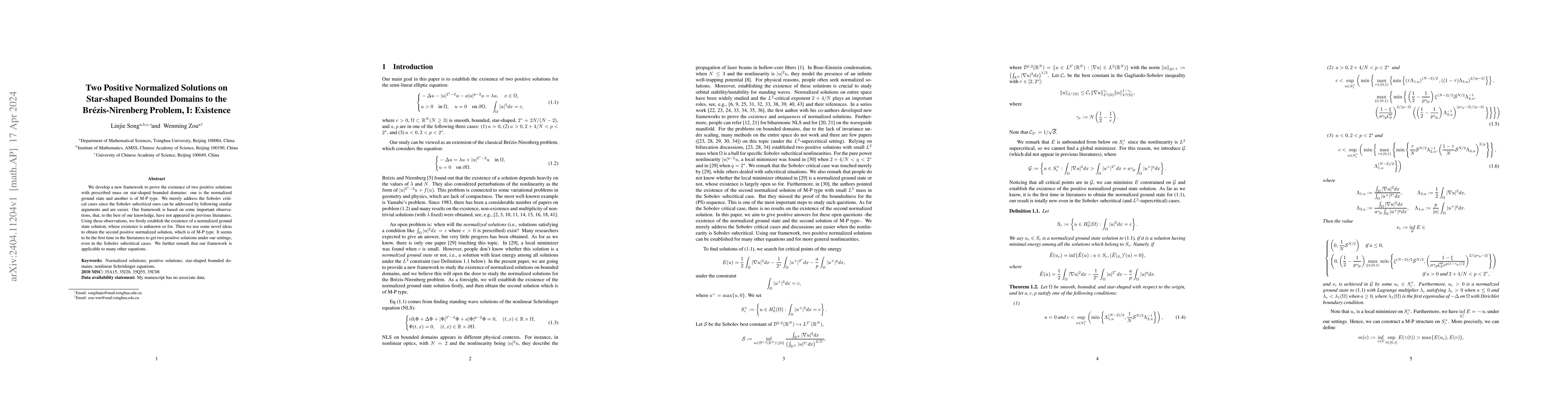 Thumbnail for Two Positive Normalized Solutions on Star-shaped Bounded Domains to the
  Br\'ezis-Nirenberg Problem, I: Existence