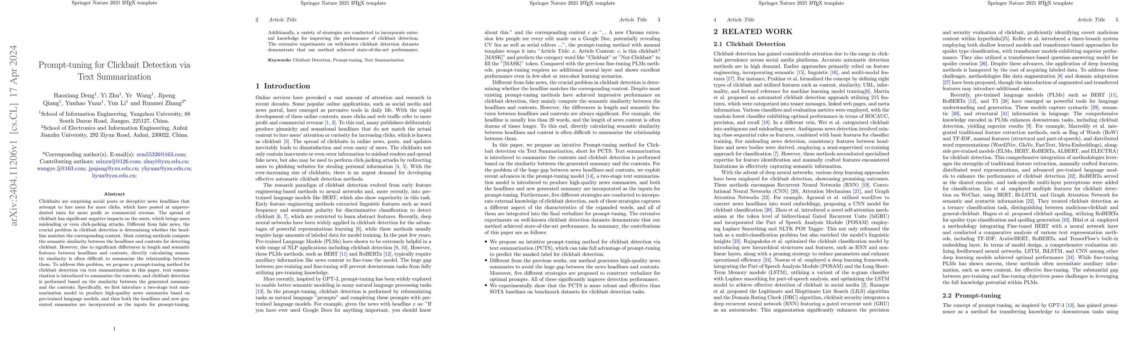 Thumbnail for Prompt-tuning for Clickbait Detection via Text Summarization
