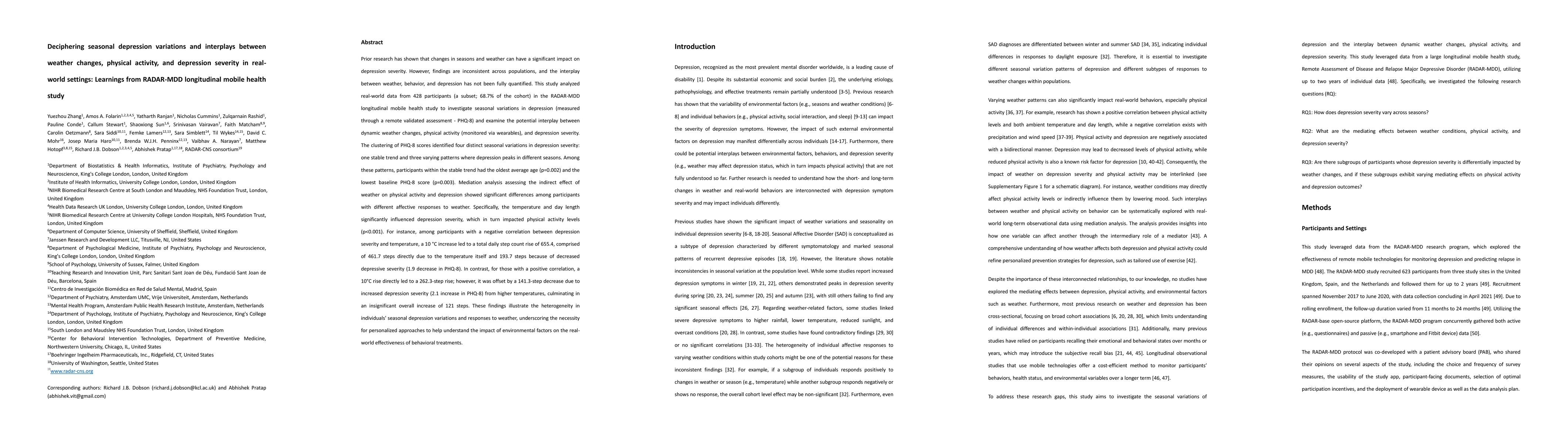 Thumbnail for Deciphering seasonal depression variations and interplays between
  weather changes, physical activity, and depression severity in real-world
  settings: Learnings from RADAR-MDD longitudinal mobile health study