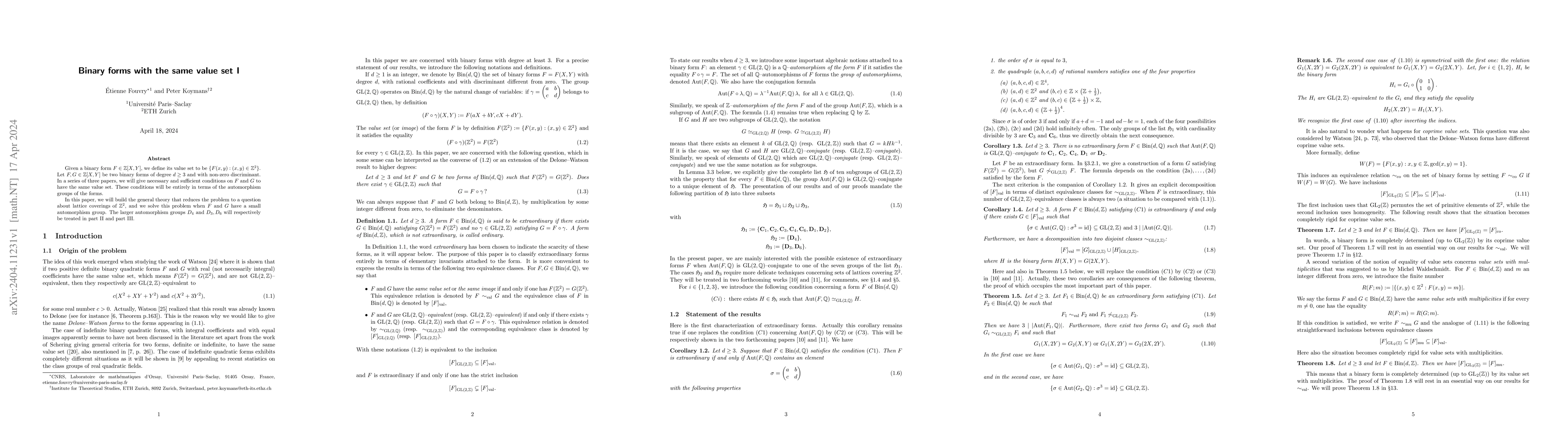 Thumbnail for Binary forms with the same value set I