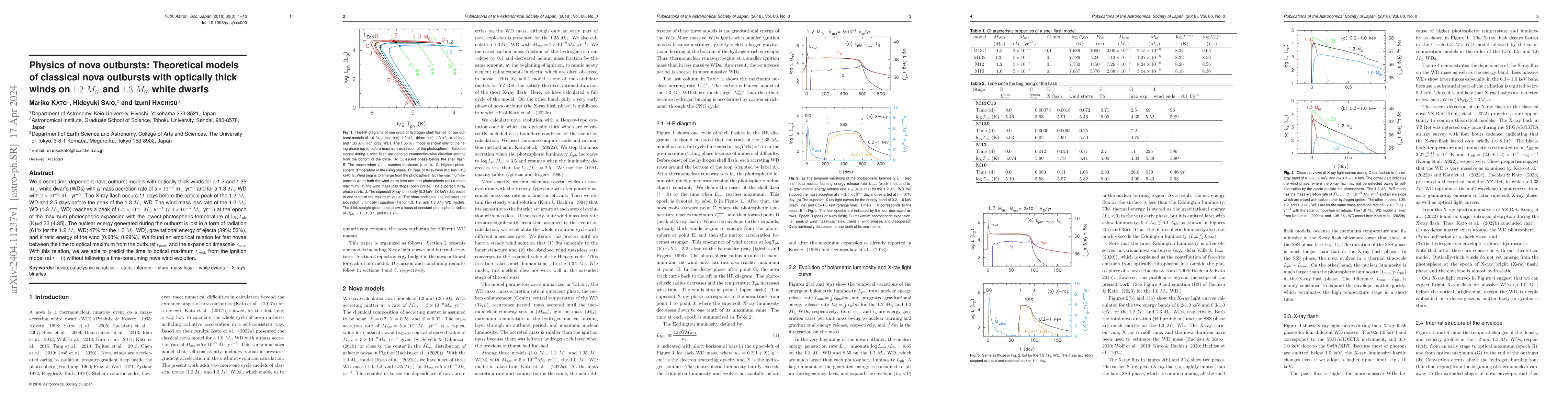 Thumbnail for Physics of nova outbursts: Theoretical models of classical nova
  outbursts with optically thick winds on $1.2~M_\odot$ and $1.3~M_\odot$ white
  dwarfs