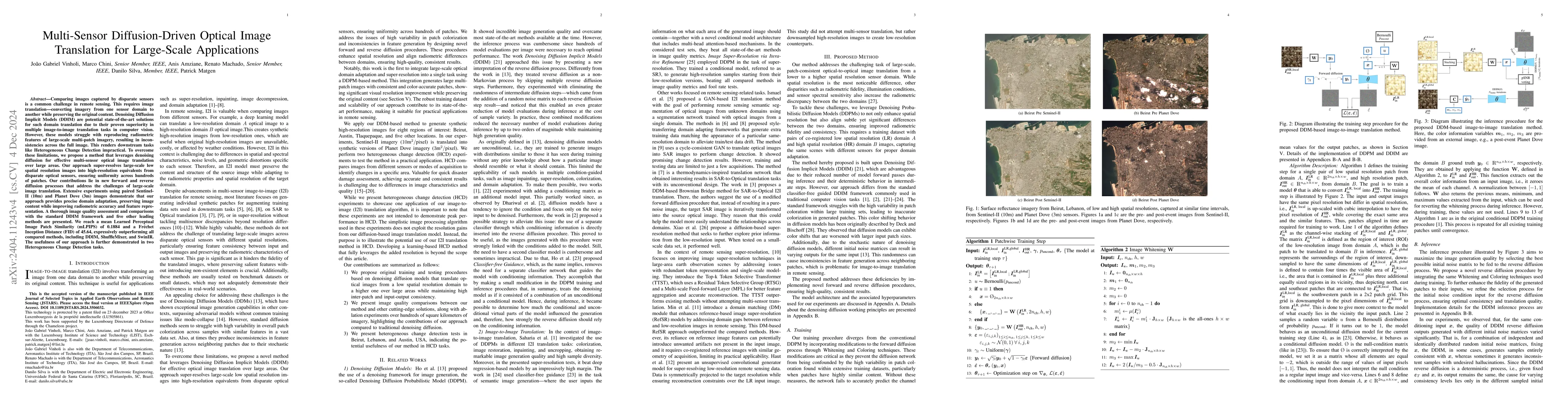 Thumbnail for Patch-Consistent Optical Translation Across Sensors: Large-Scale
  Denoising Diffusion with Heterogeneous Change Detection as a Use Case