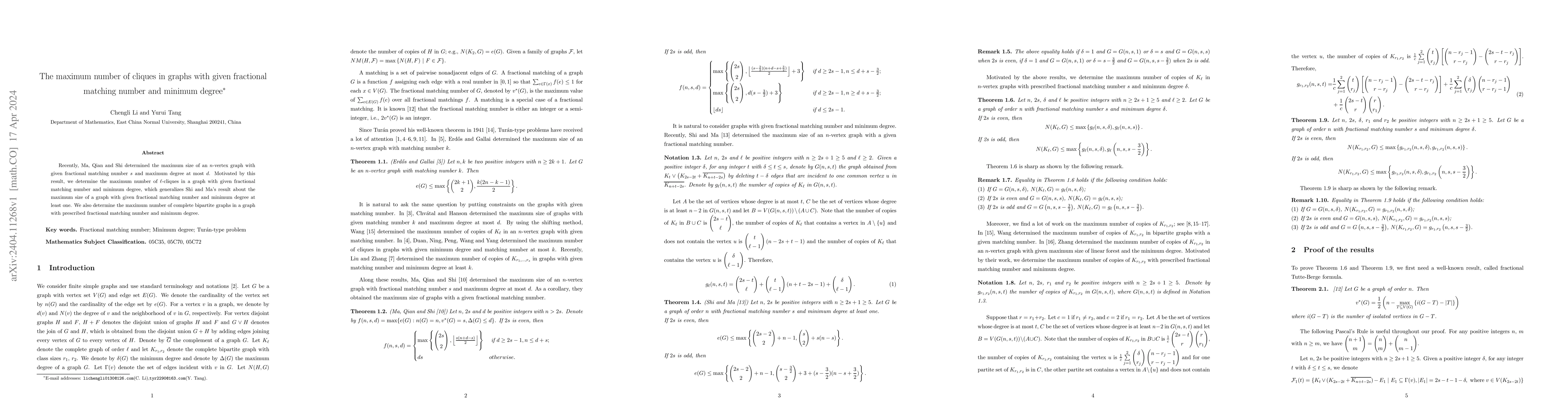Thumbnail for The maximum number of cliques in graphs with given fractional matching
  number and minimum degree