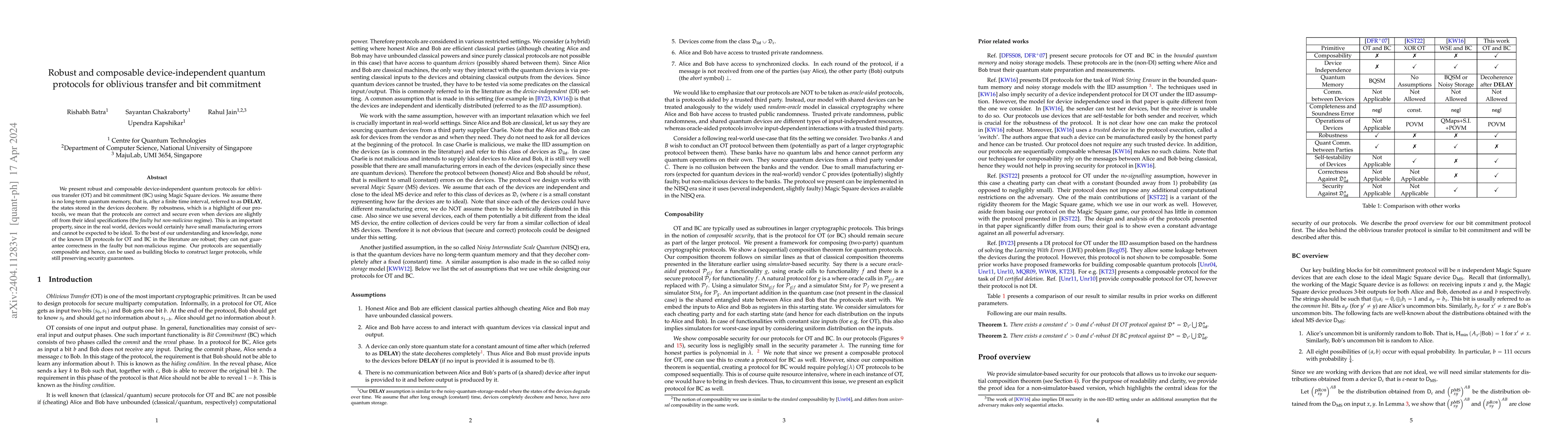 Thumbnail for Robust and composable device-independent quantum protocols for oblivious
  transfer and bit commitment