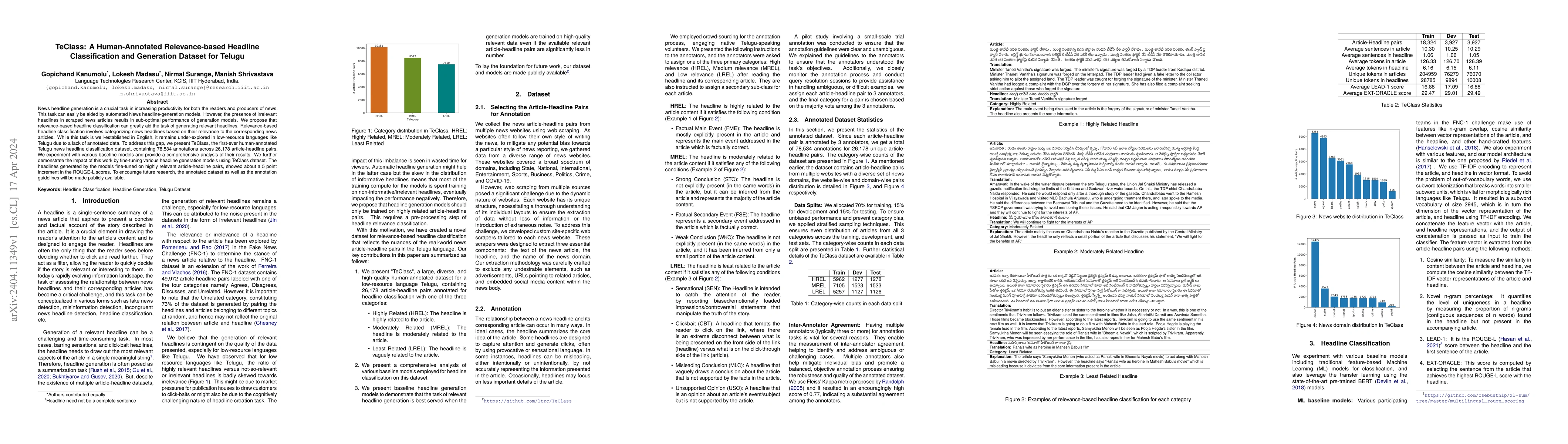 Thumbnail for TeClass: A Human-Annotated Relevance-based Headline Classification and
  Generation Dataset for Telugu