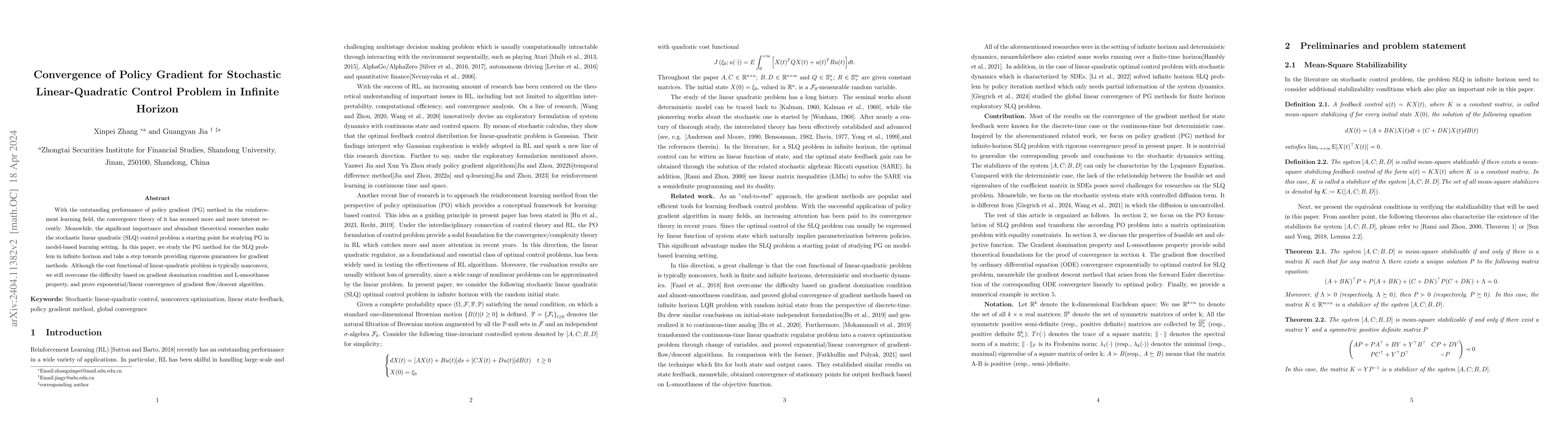 Thumbnail for Convergence of Policy Gradient for Stochastic Linear-Quadratic Control
  Problem in Infinite Horizon