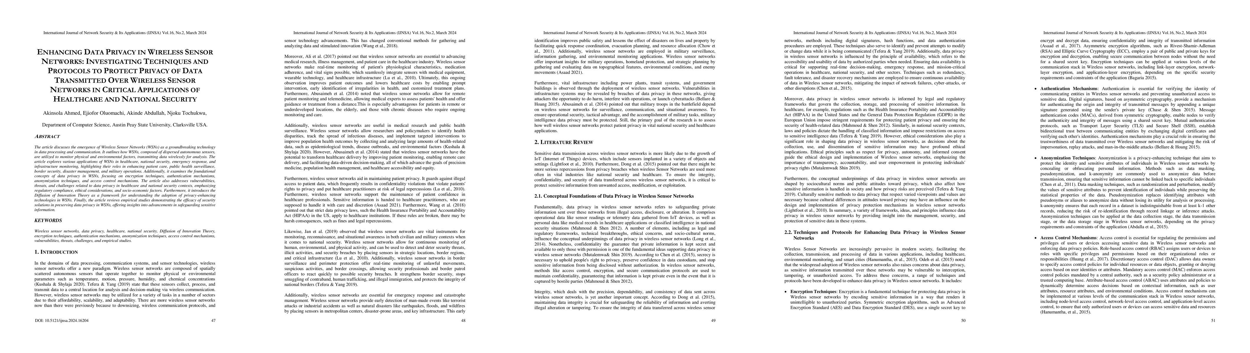 Thumbnail for Enhancing Data Privacy In Wireless Sensor Networks: Investigating
  Techniques And Protocols To Protect Privacy Of Data Transmitted Over Wireless
  Sensor Networks In Critical Applications Of Healthcare And National Security