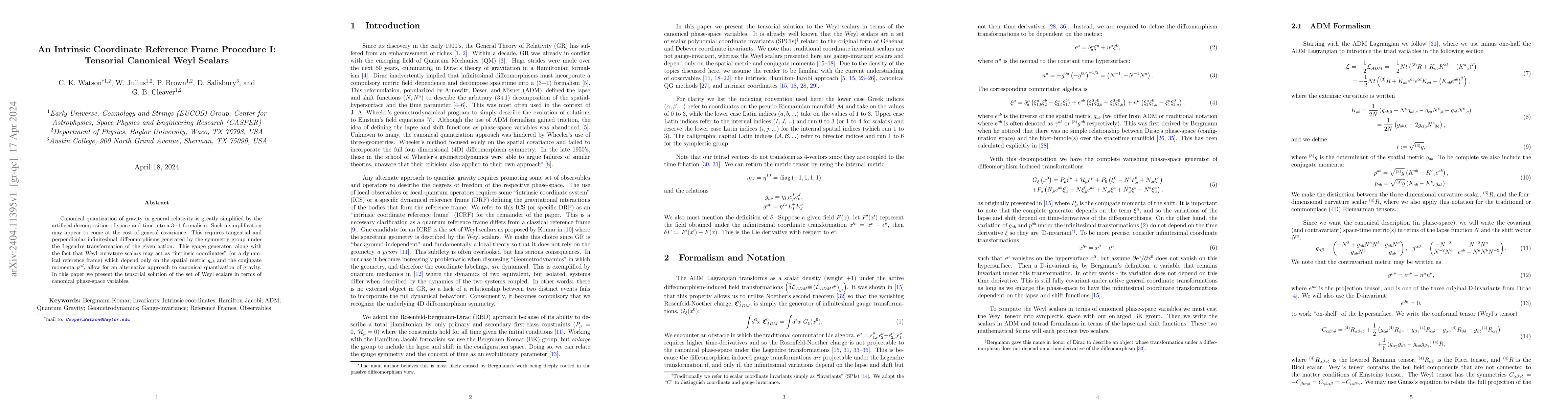 Thumbnail for An Intrinsic Coordinate Reference Frame Procedure I: Tensorial Canonical
  Weyl Scalars