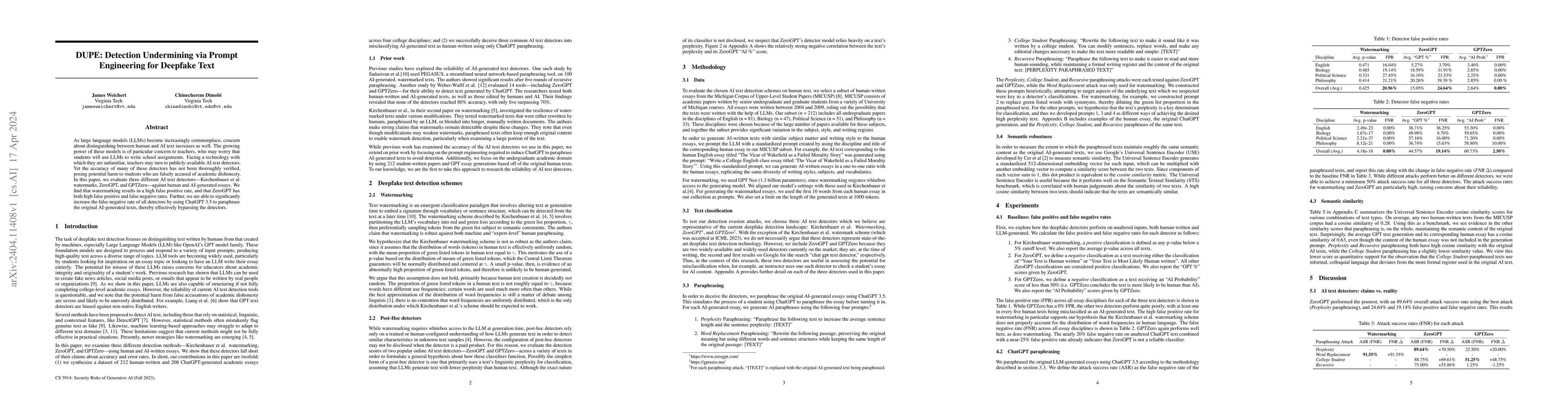 Thumbnail for DUPE: Detection Undermining via Prompt Engineering for Deepfake Text