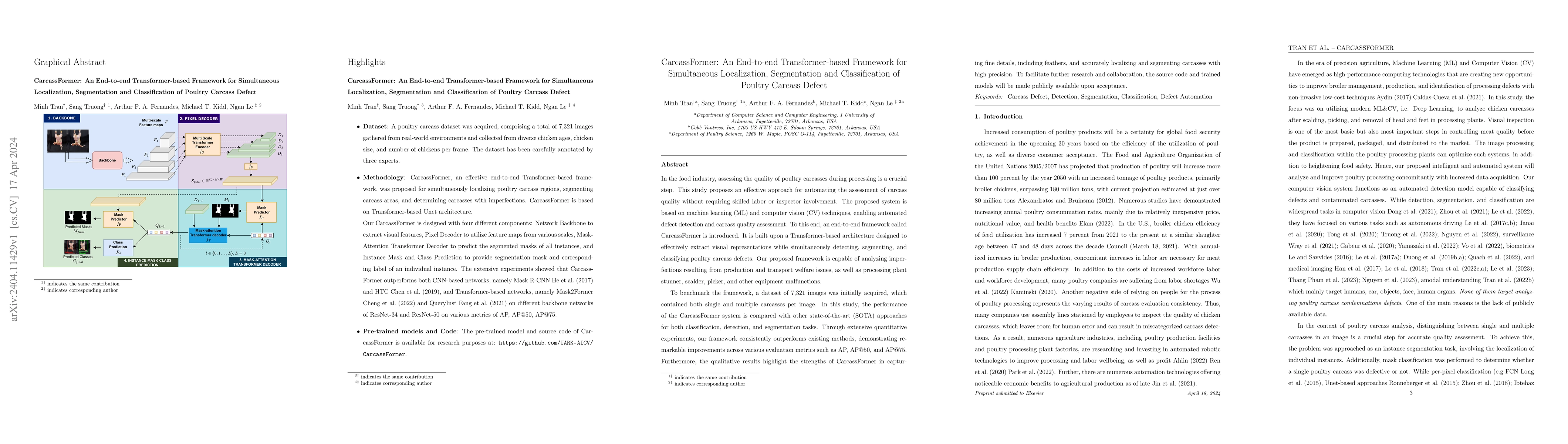 Thumbnail for CarcassFormer: An End-to-end Transformer-based Framework for
  Simultaneous Localization, Segmentation and Classification of Poultry Carcass
  Defect