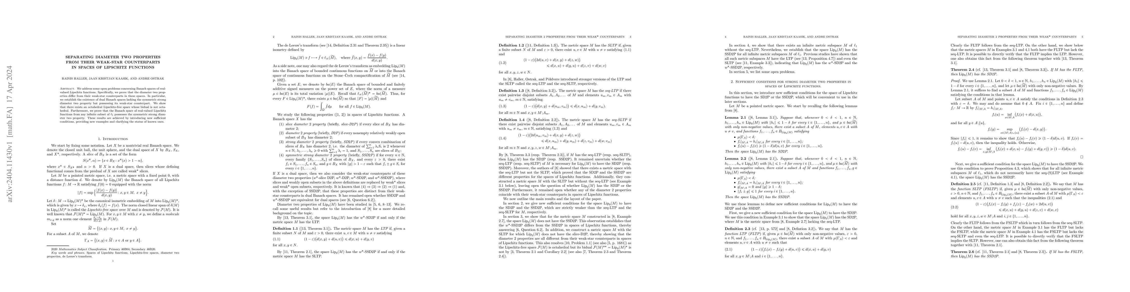 Thumbnail for Separating diameter two properties from their weak-star counterparts in
  spaces of Lipschitz functions